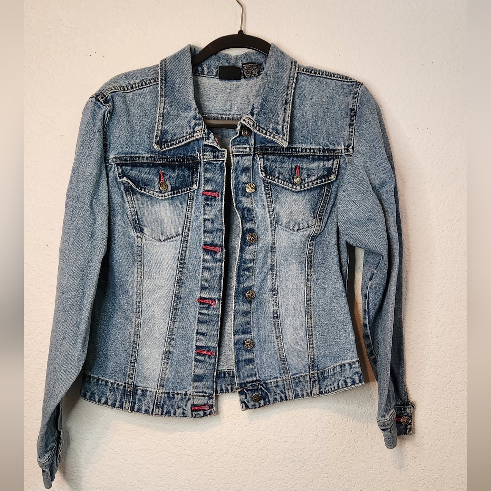Xhilaration Blue Slightly Distressed Jean Jacket with Red Trim, Size L